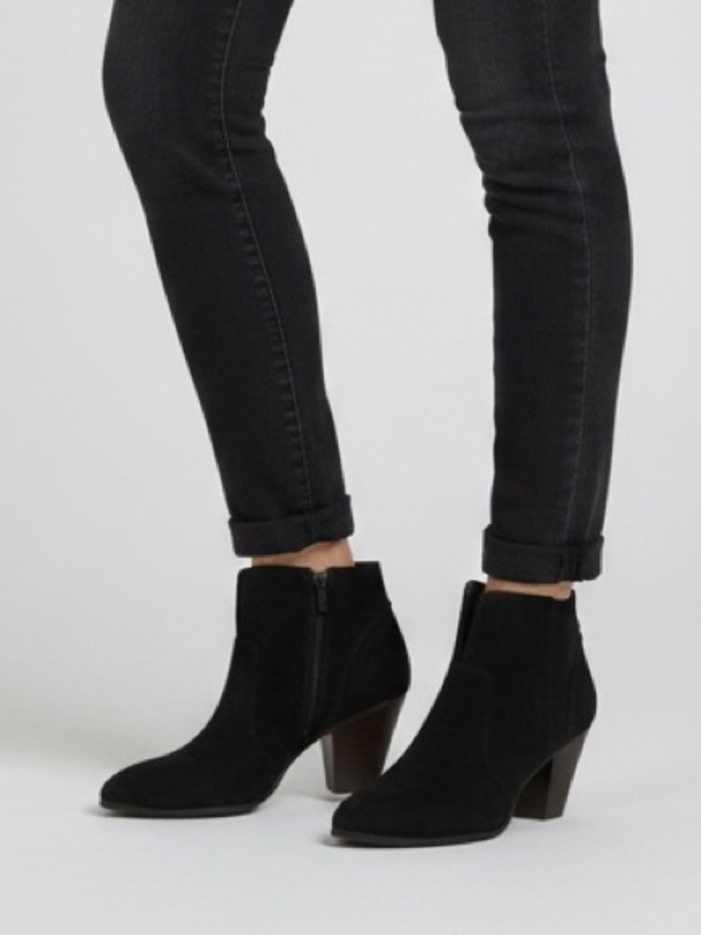 Tesori Black Suede Ankle Booties with Block Heel